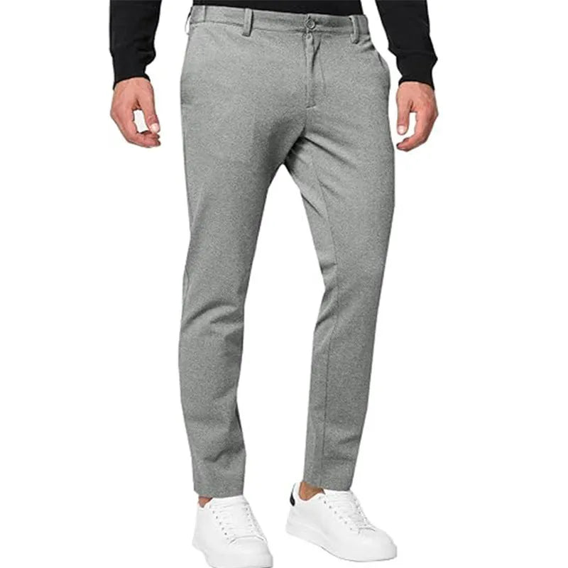 Men's slim-fit tapered chino trousers in stretch cotton blend fabric showing army green colour option