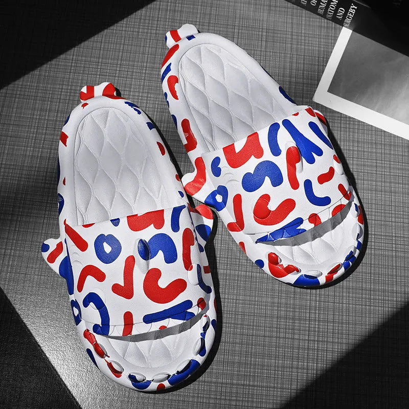 EVA open-toe shark-themed couple slippers in assorted colours on a white background.
