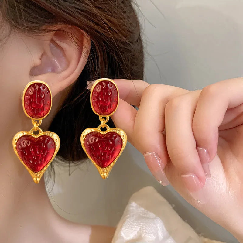Silver needle pleated oval love heart stud earrings in green, purple, red, and yellow and white colours.