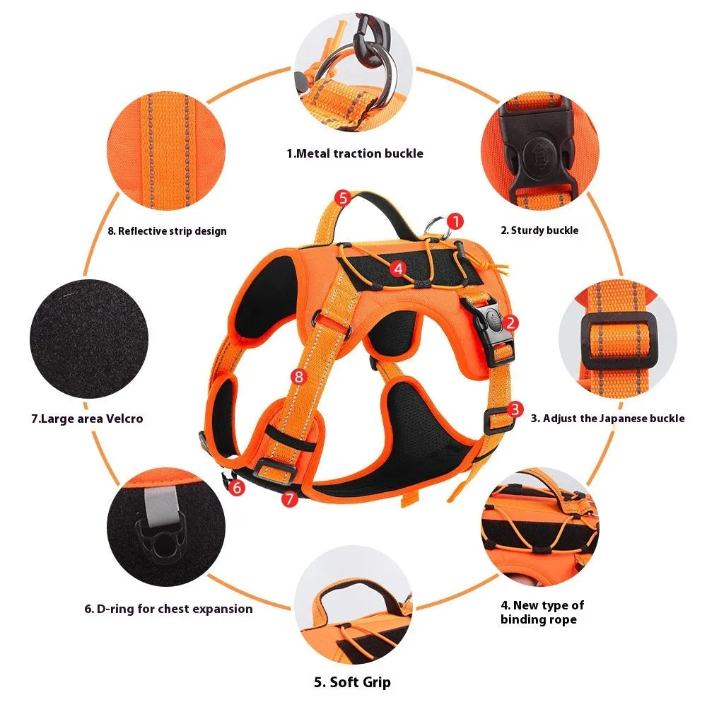 Orange reflective dog harness with explosion-proof hand holding rope on a medium-sized dog.