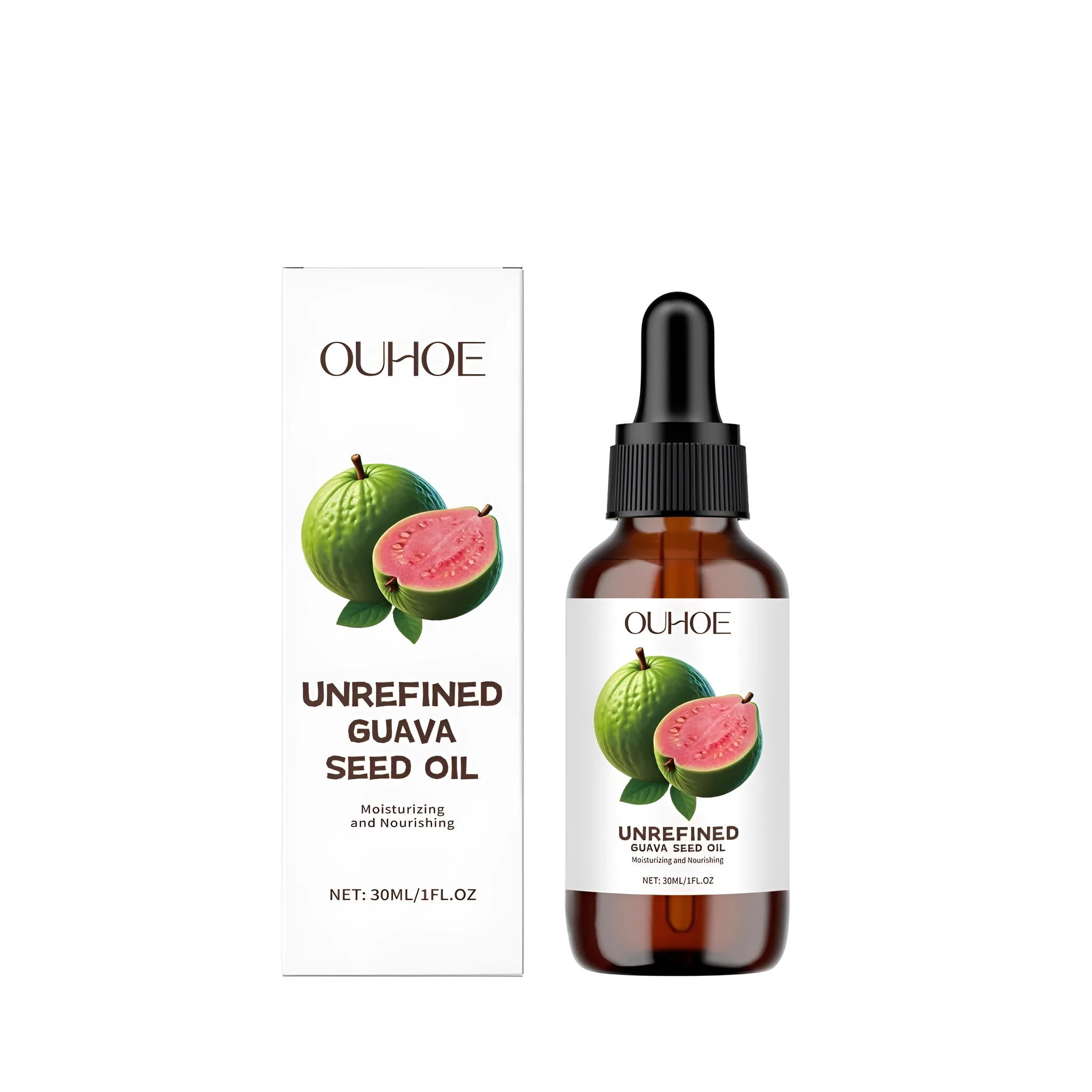 30ml glass bottle of guava seed oil facial serum with vitamin C and antioxidant ingredients