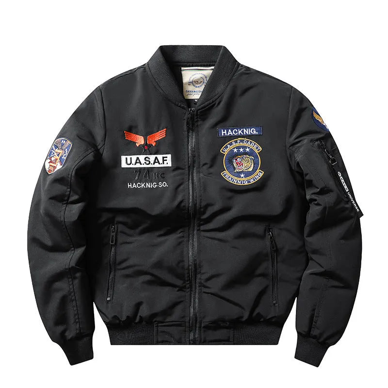 Slim-fit stand collar men's retro embroidery cotton-padded coat in polyester blend fabric