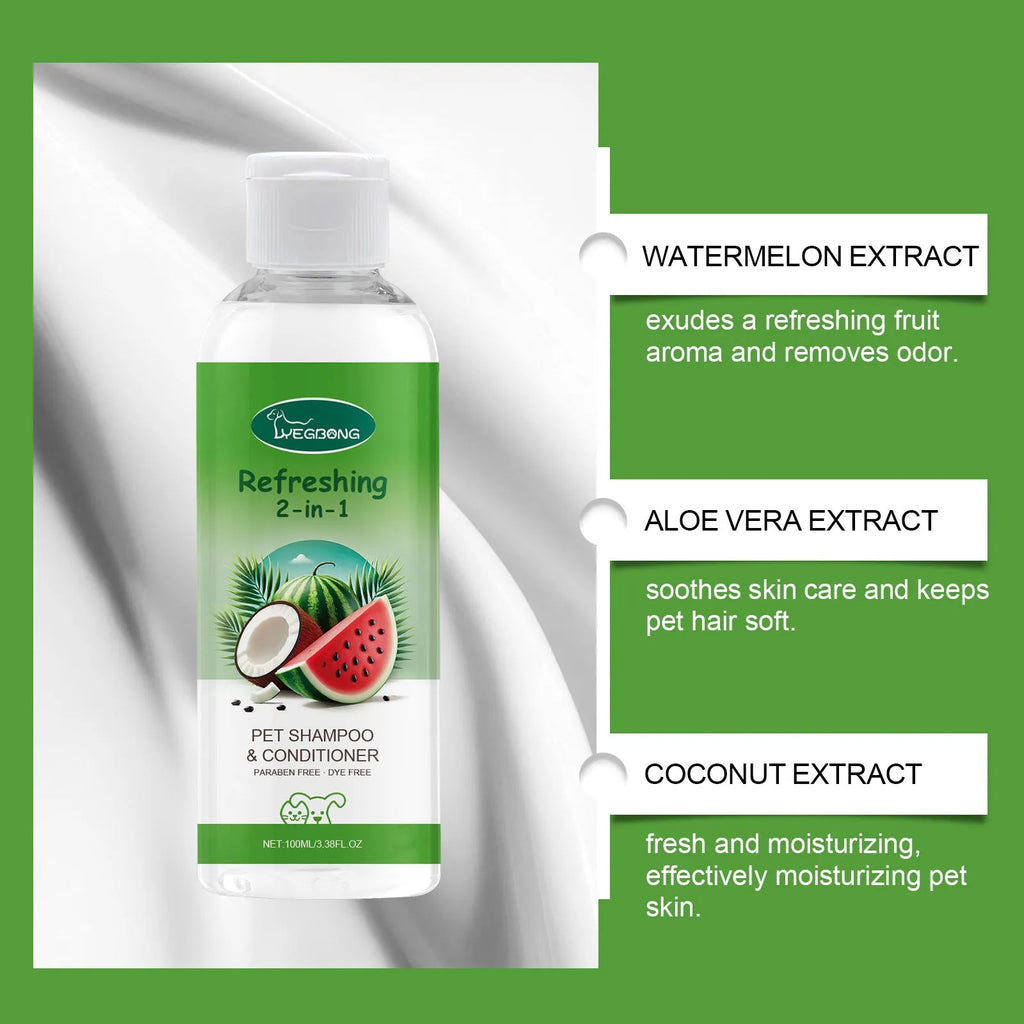 100ml pet 2-in-1 shampoo bottle with watermelon and coconut extracts measuring 3.8cm by 12.8cm