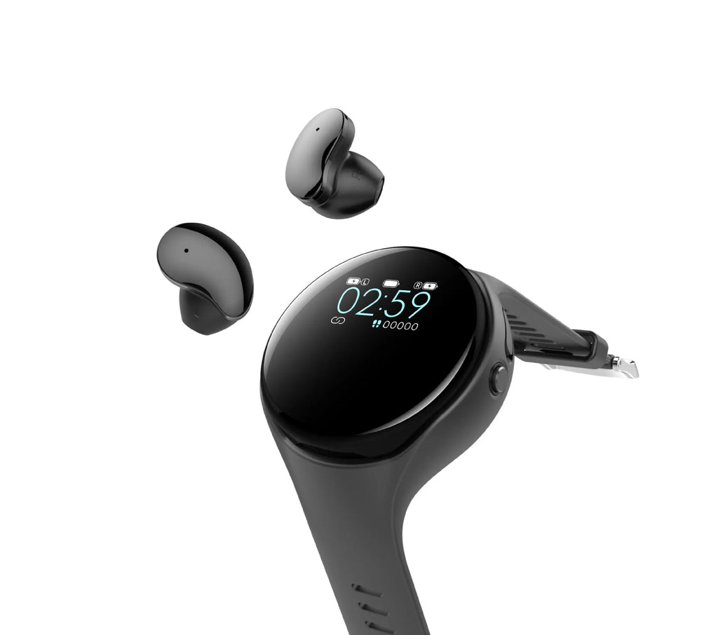 Black detachable smart watch and Bluetooth headset combo for fitness tracking and calls