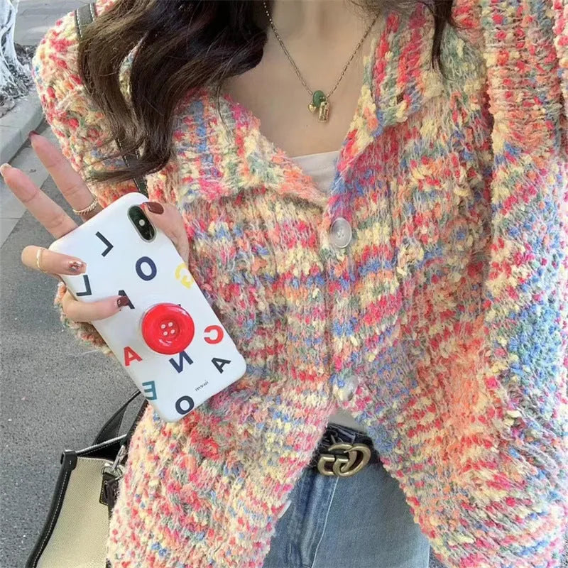 Pink and green rainbow knit cardigan with retro styling and slim fit