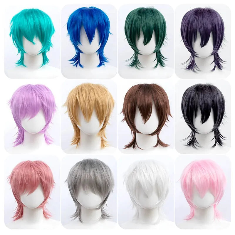 Short black and red anime cosplay wig for men with a lengthened hair tail.