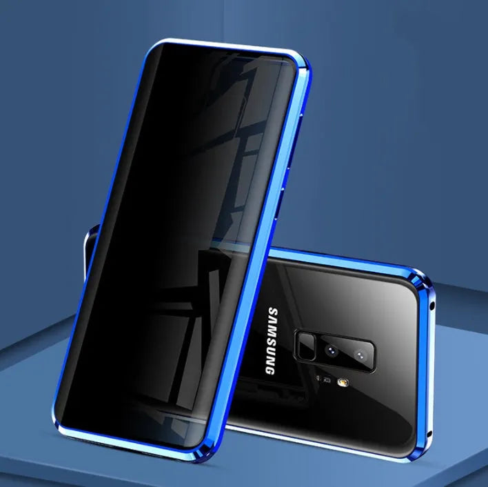 Black clamshell anti-peeping magnetic phone case for Samsung Galaxy phone shown open and closed