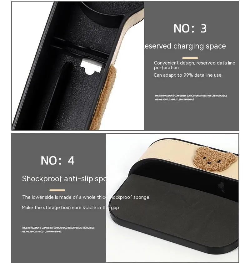 Leather car seat gap storage organiser with cartoon bear design options