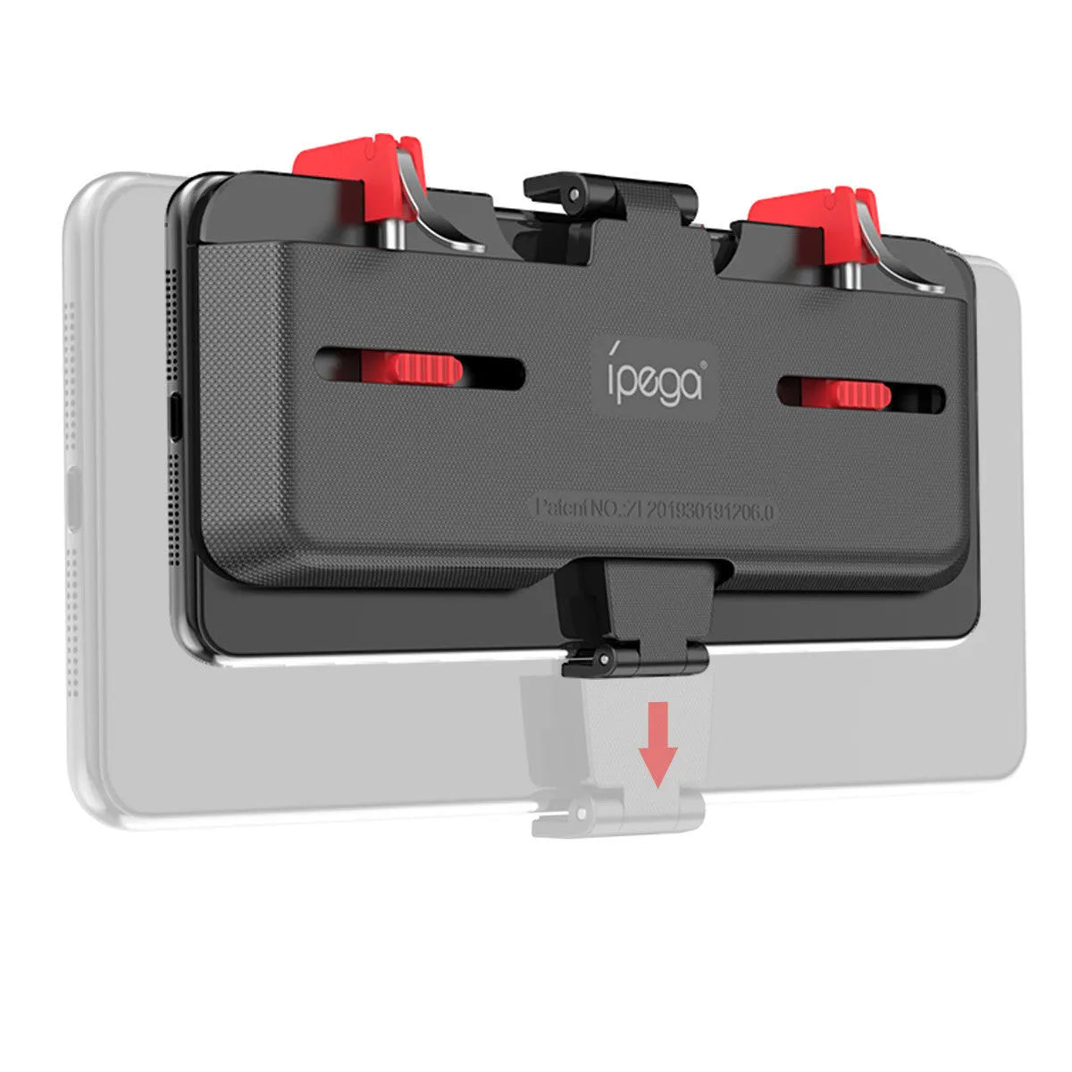 Black mobile phone game controller with adjustable metal trigger and telescopic fixing clip extended.