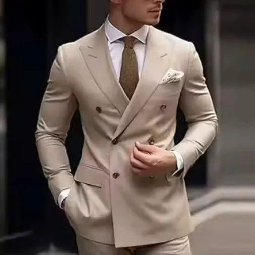 Korean style slim fit men's two-piece suit in a cotton blend fabric, shown in a grey colour.