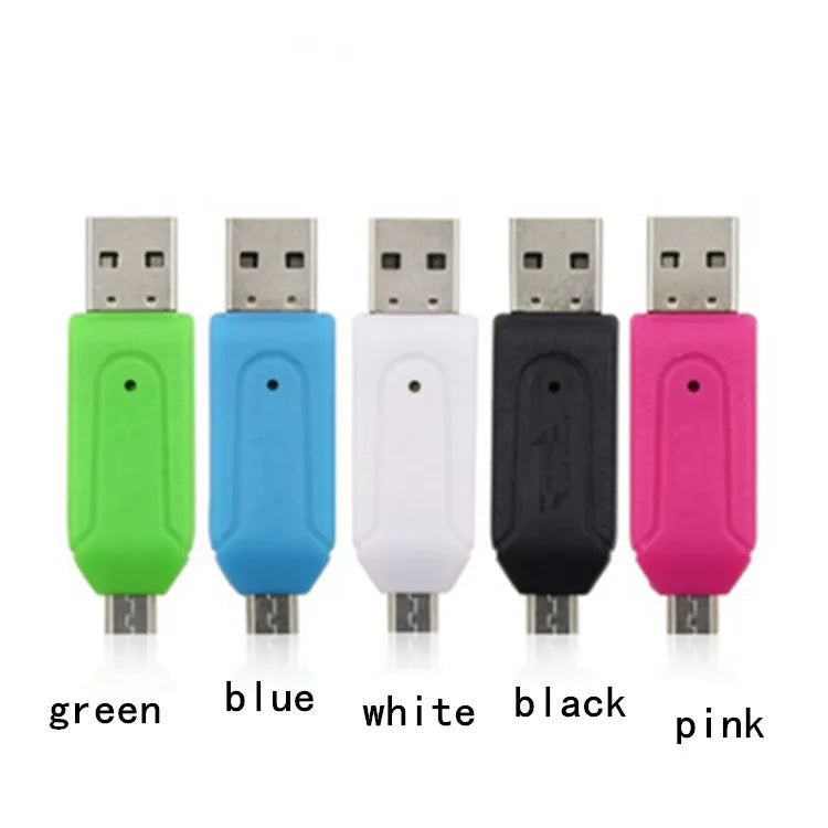 White OTG card reader with micro USB plug for Android phones and computers, showing SD and TF card slots.