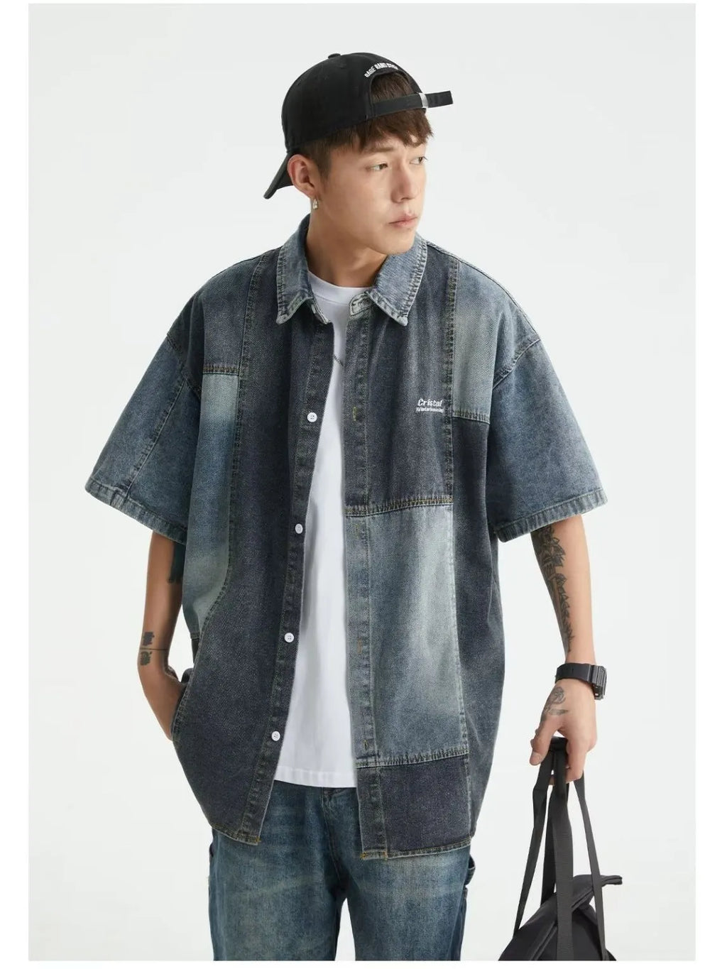 Blue Japanese-style retro denim shirt for men with washed stitching and loose cardigan fit