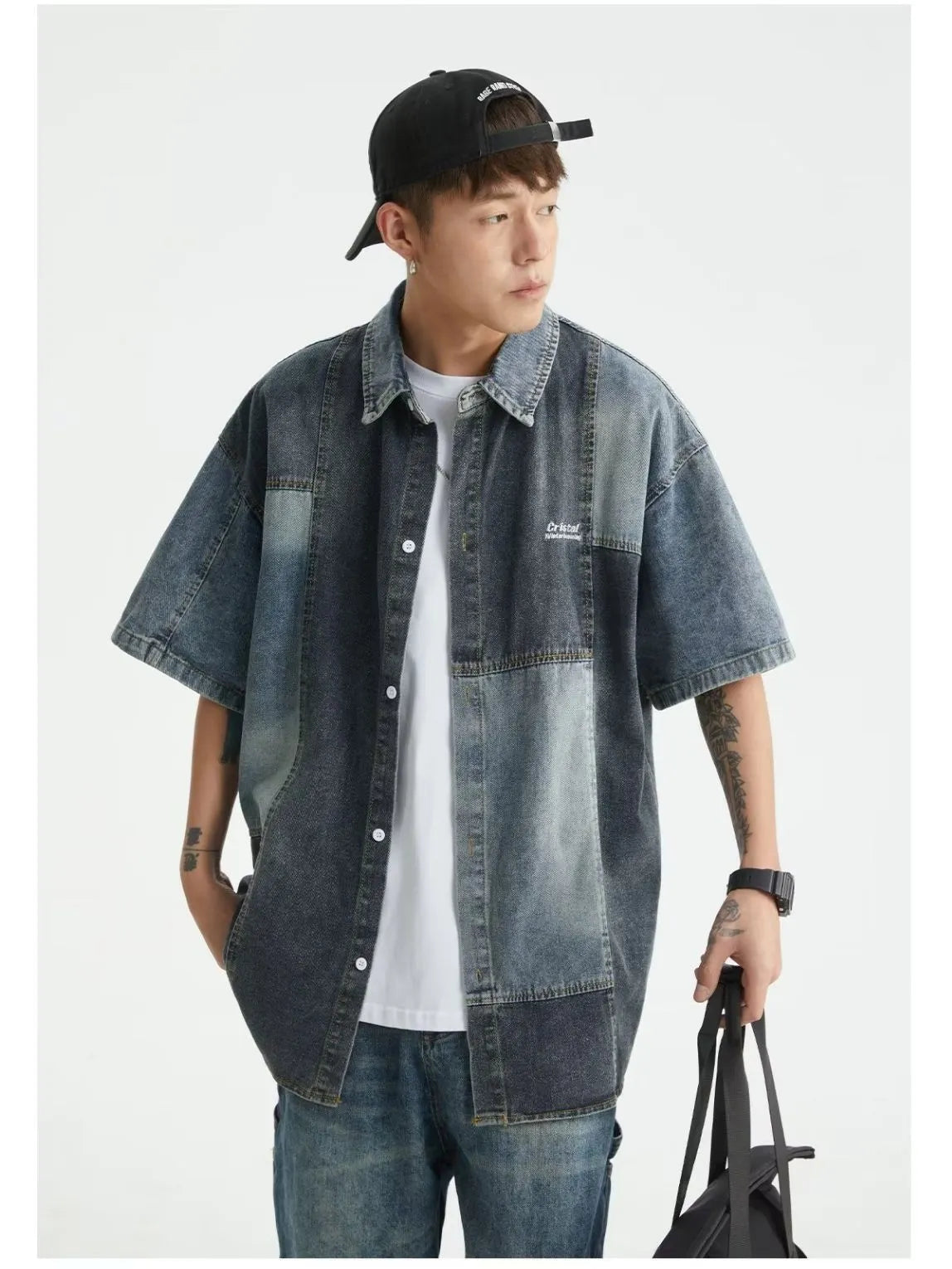 Blue Japanese-style retro denim shirt for men with washed stitching and loose cardigan fit