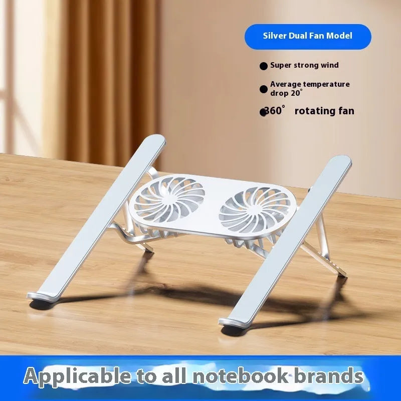 Silver aluminium portable laptop cooling stand with twin fans and adjustable height mechanism