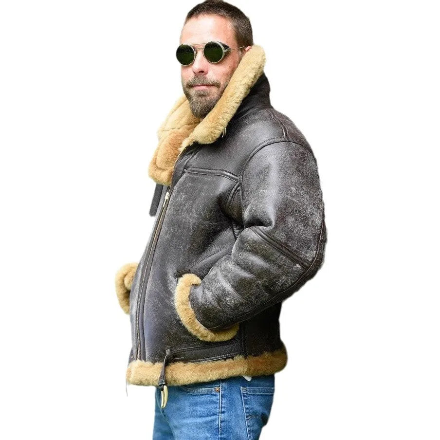 Men's brown synthetic leather fur coat with straight hem and side pockets