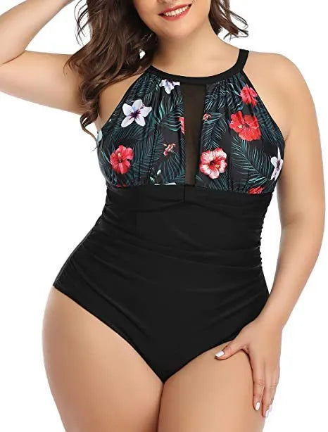 Women's black, striped, and red floral lace one-piece swimsuits on a hanger