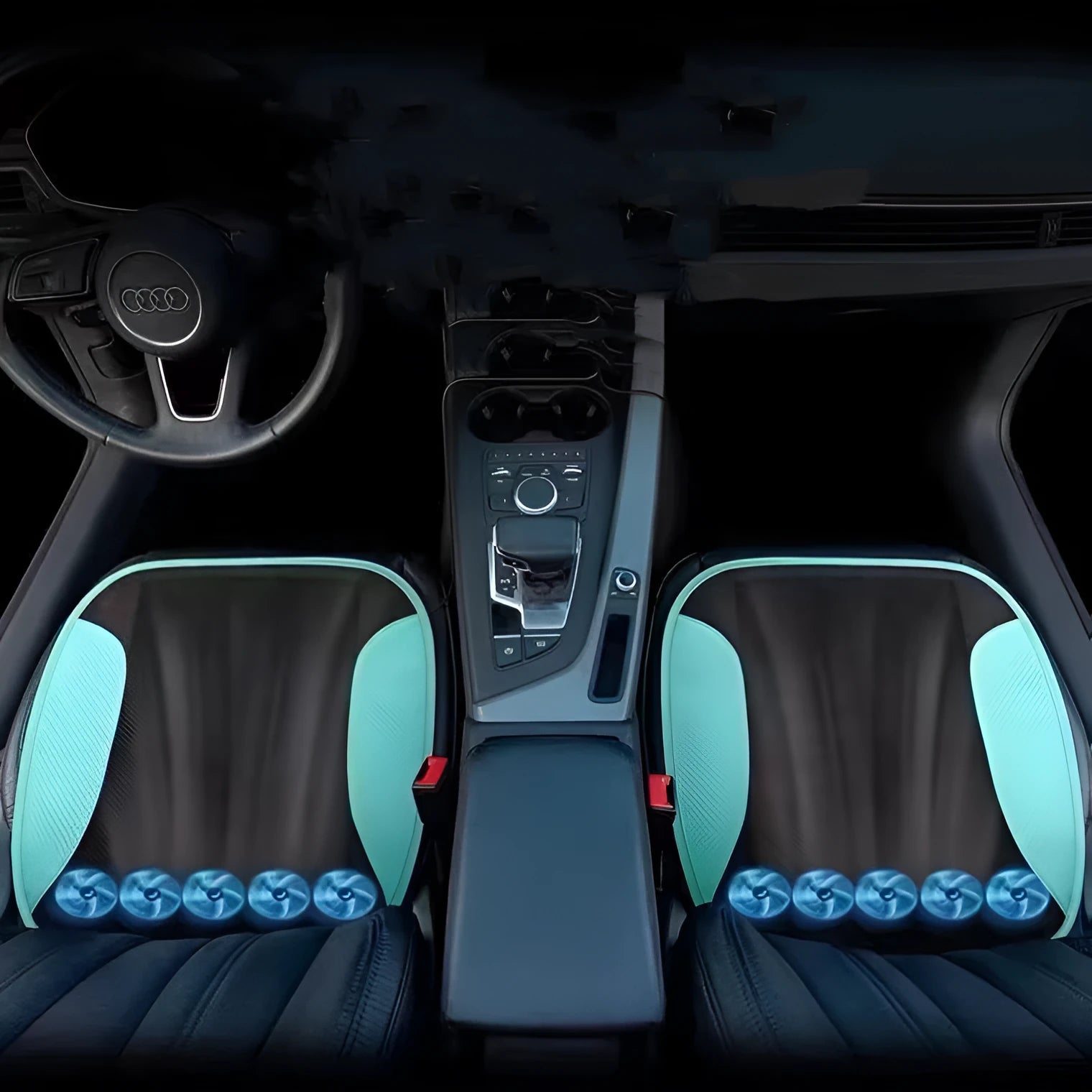 USB ventilated seat cushion with fans in black suede material measuring 48x46cm for car cooling