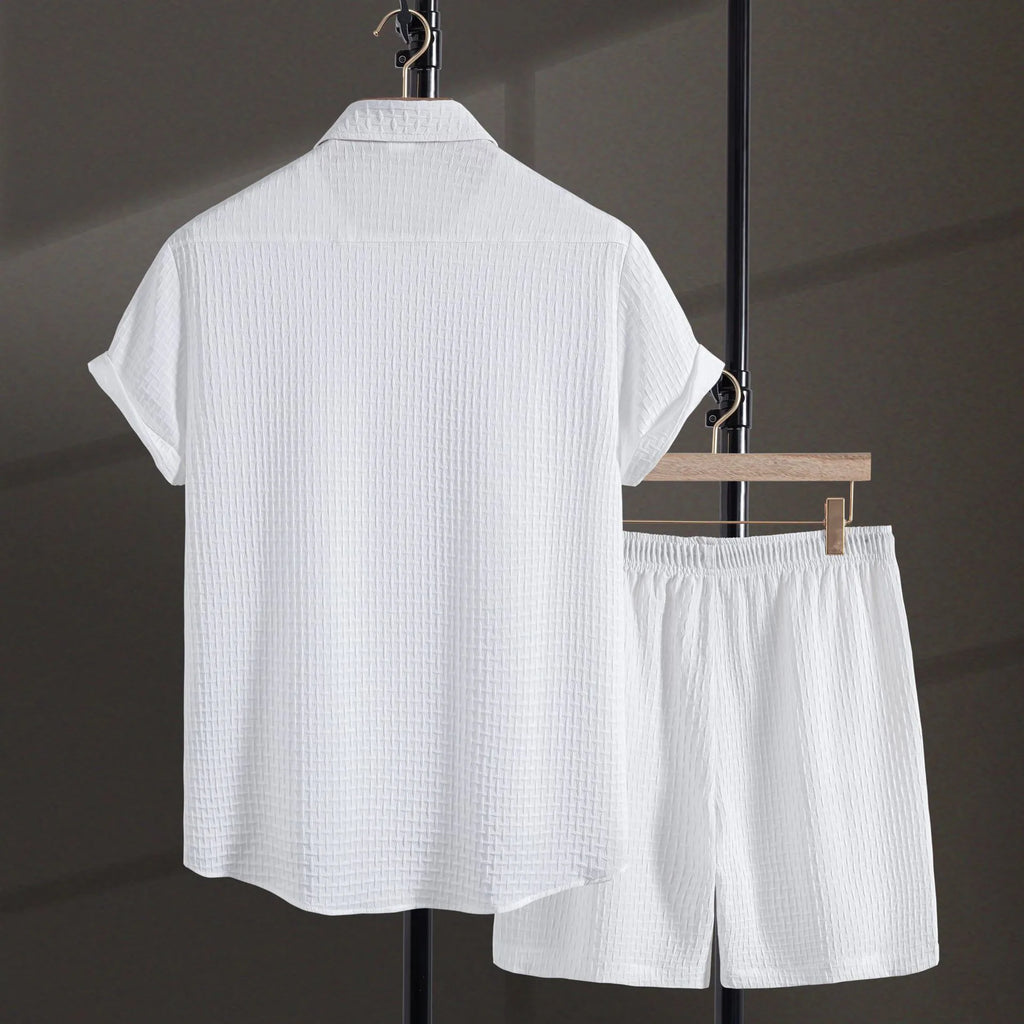 Men's white cotton blend beach suit with short sleeve shirt and matching casual shorts