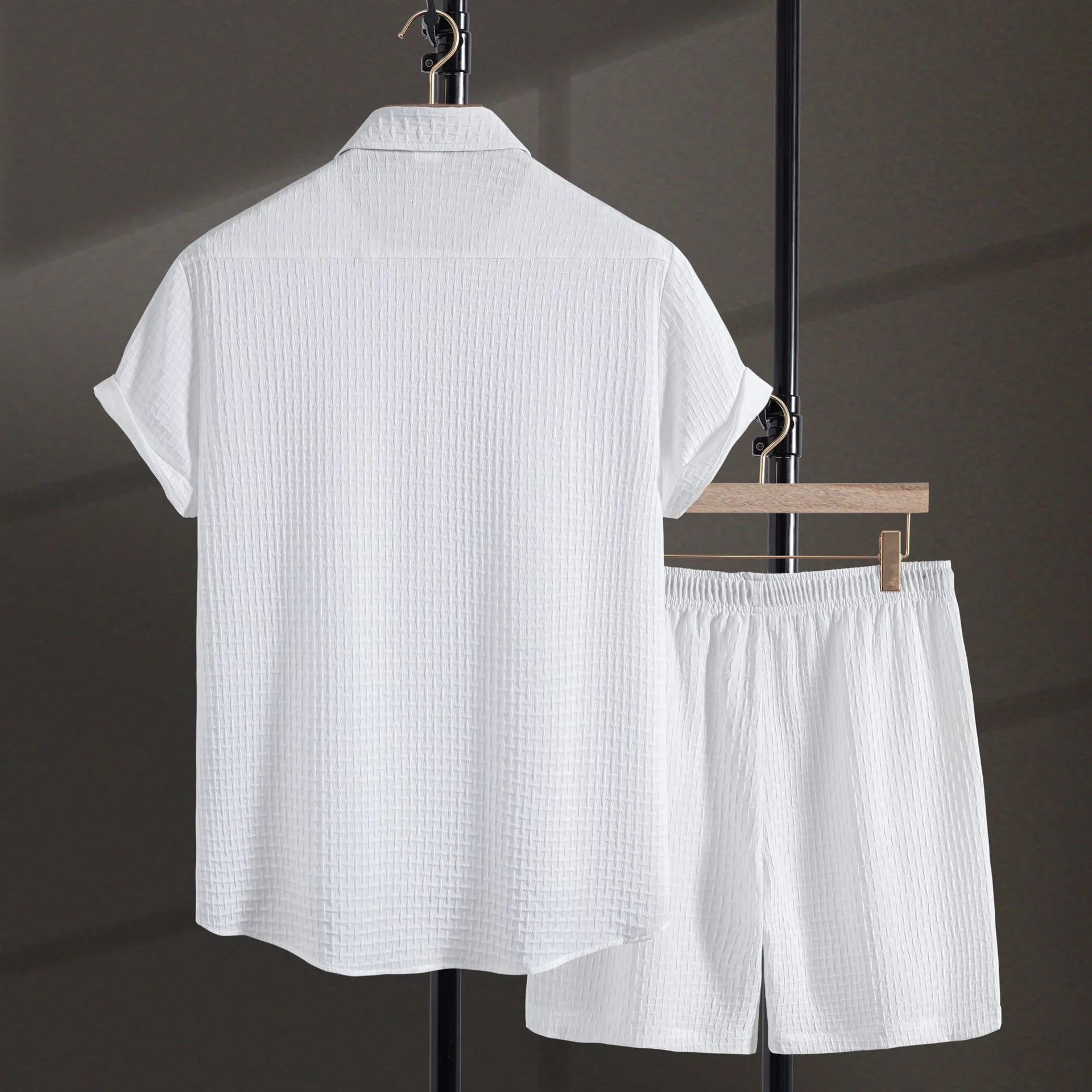 Men's white cotton blend beach suit with short sleeve shirt and matching casual shorts
