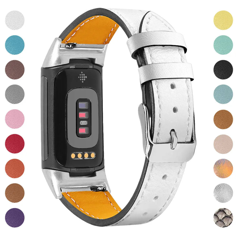 Genuine leather strap for Fitbit Charge 5 and Charge 6 smartwatch in multiple colour options.