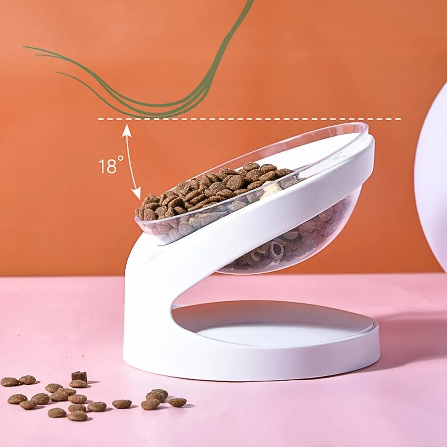 White elevated tilt cat food bowl made from clear durable plastic.