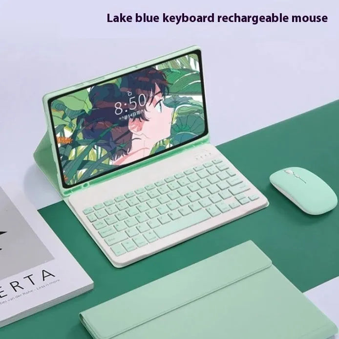 Samsung Galaxy tablet in a TPU keyboard case with a Bluetooth charging mouse, shown in Elegant Pink colour.