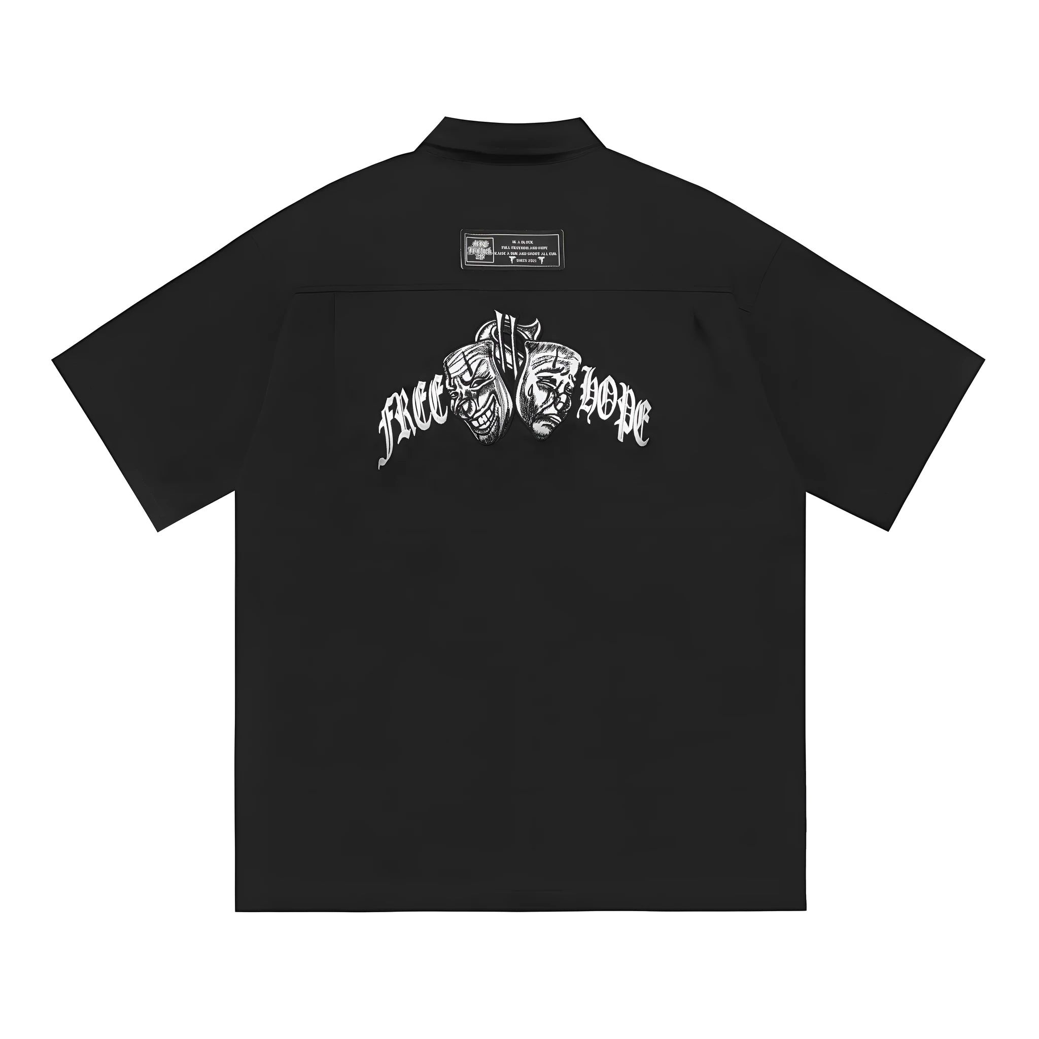 Men's loose fit half-sleeve pocket shirt in black, made from cotton blend fabric.