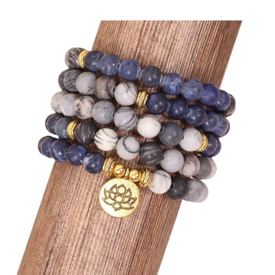 Blue patterned network stone bead multi layer bracelet with alloy components in fresh sweet style