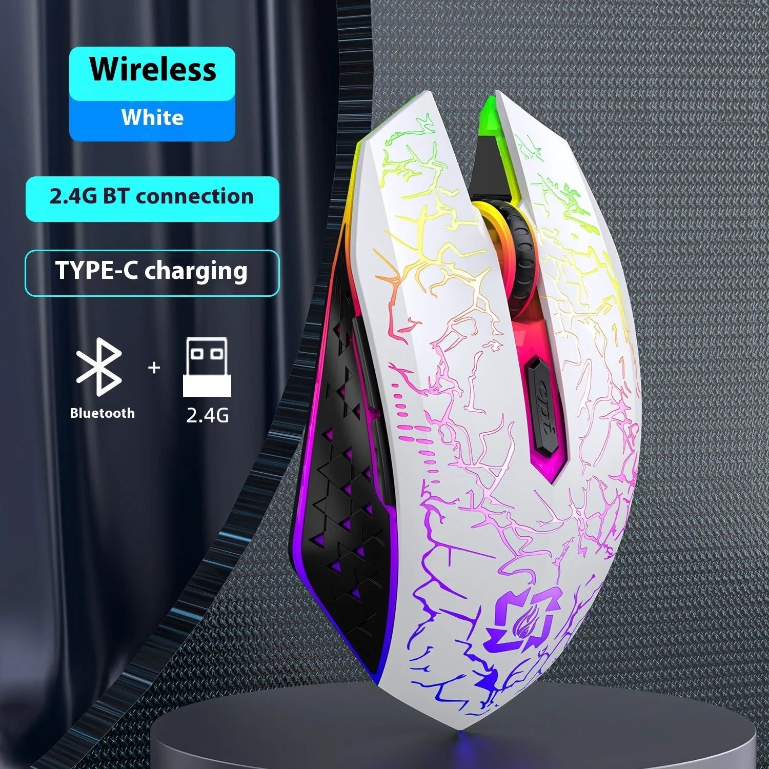 Black and white Bluetooth dual-mode gaming mouse with luminous lights and charging cable