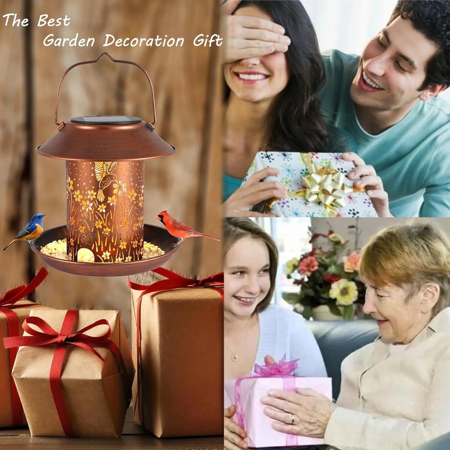 Solar-powered iron bird feeder with hummingbird pattern and LED lights for outdoor garden use