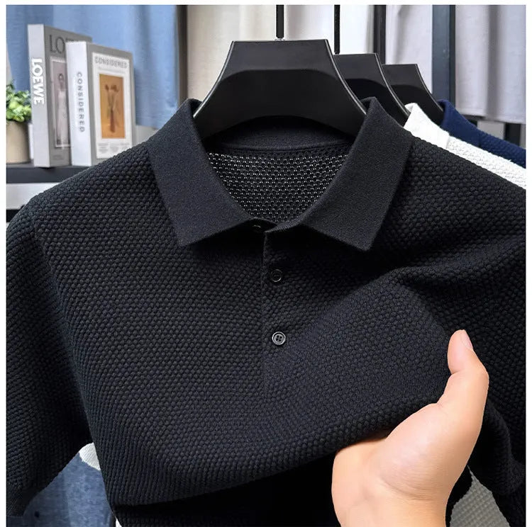 Men's loose fit grey cotton short sleeve pullover sweater on a hanger