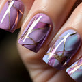 Purple striped nail art stickers in mid-length European American style on a fingernail.