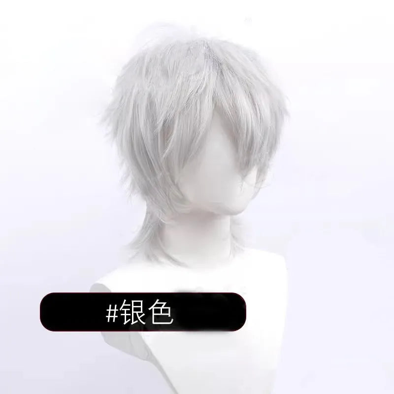 Short black and red anime cosplay wig for men with a lengthened hair tail.