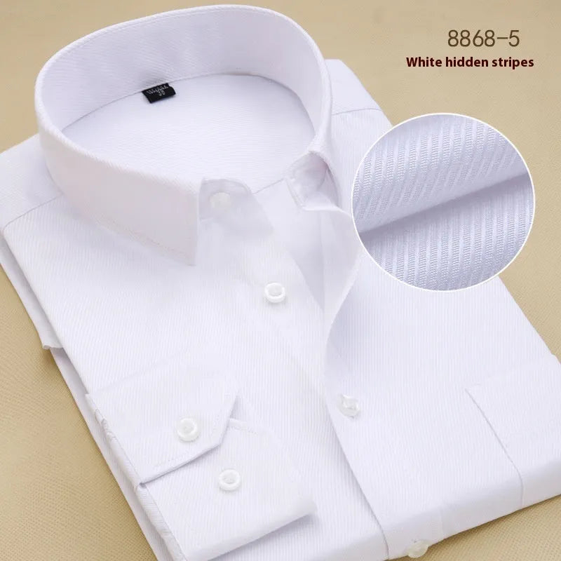 Man wearing a black long sleeve slim fit cotton business shirt for work.