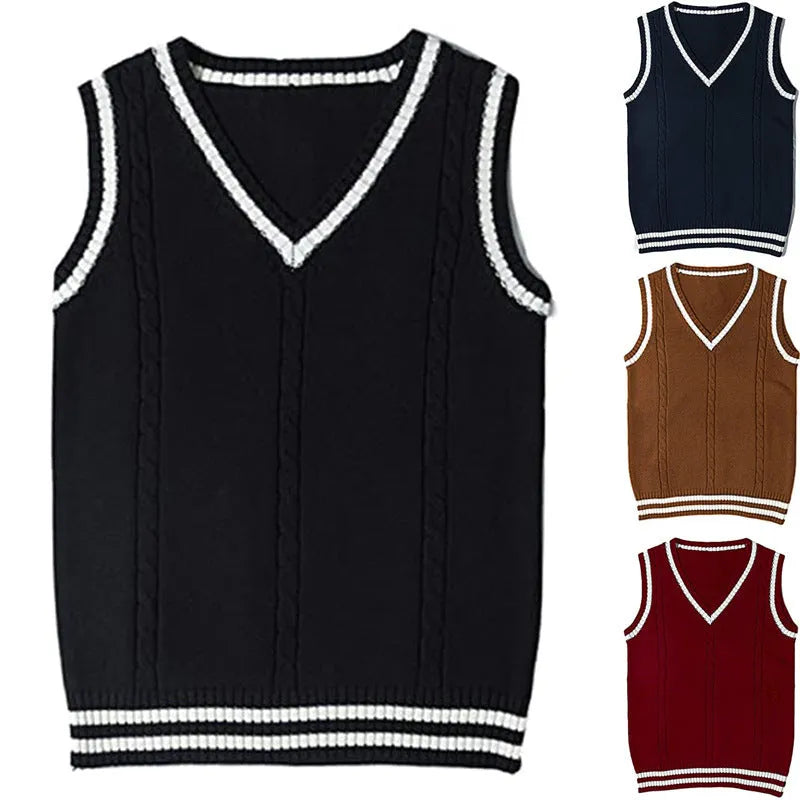 Women's slim fit V-neck knitted waistcoat with striped stitching in acrylic.