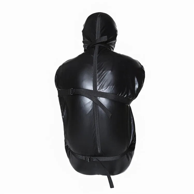 Black patent leather bondage set showing nostril clothing piece and six ratchet tie down straps