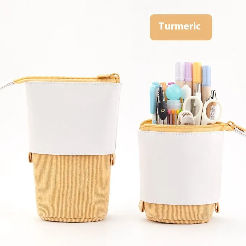 Korean style corduroy telescopic stationery case in six colour options with drop-down design