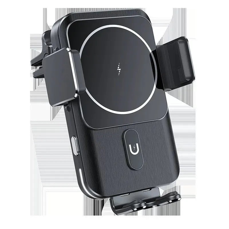 Black car wireless charger phone holder with 15W charging and suction cup or clip mounting options