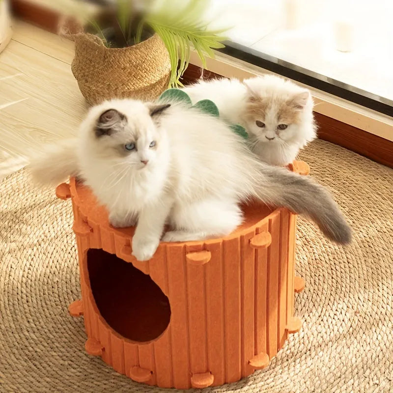 Carrot-shaped felt cat tunnel nest showing semi-enclosed design with two size options