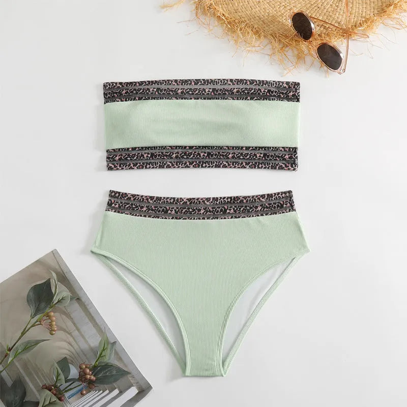 Black leopard print strapless women's bikini set with matching bra and shorts