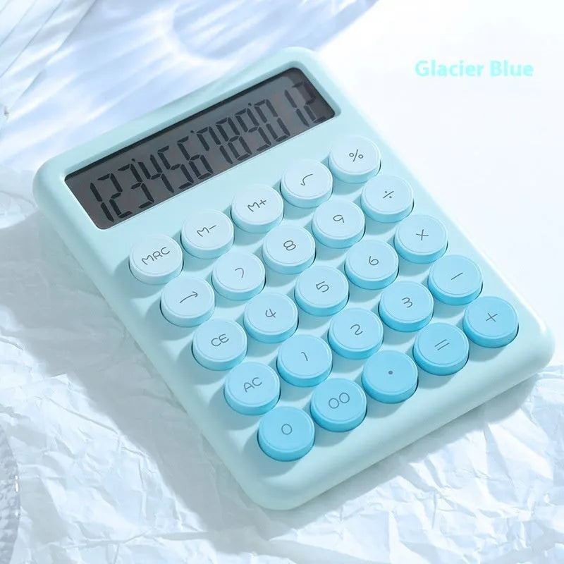 Desk calculator with gradient colour design in violet, pink, blue, or green on a white background.