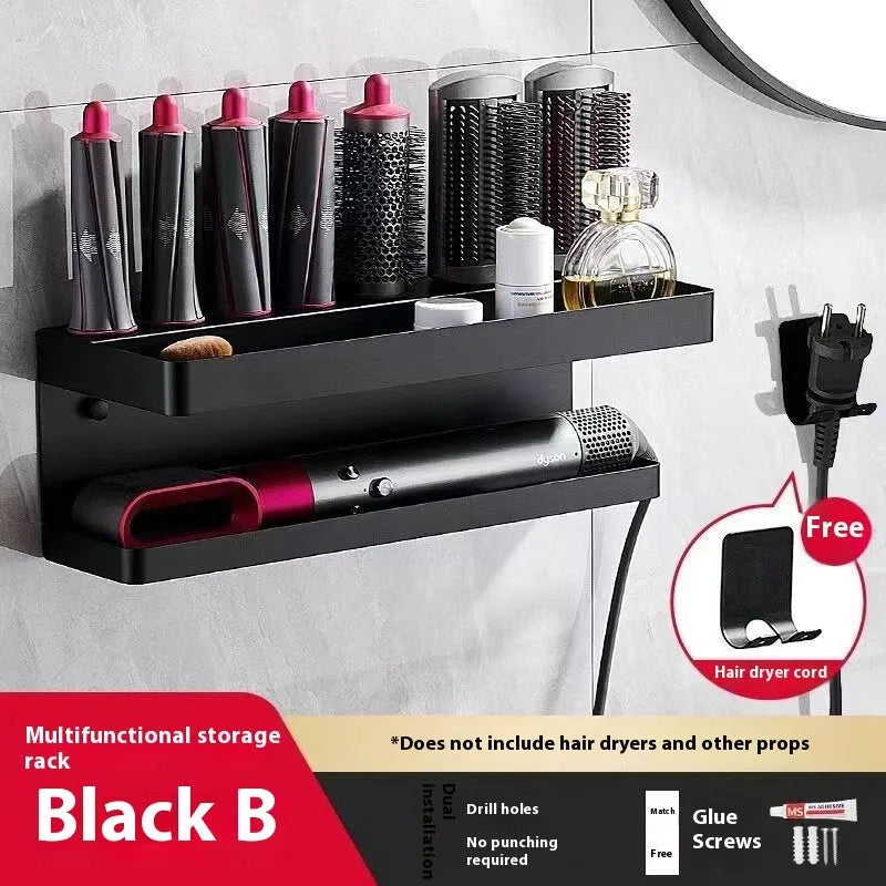 Double-layer aluminium punch-free bathroom storage rack for Marcel waver curlers in black