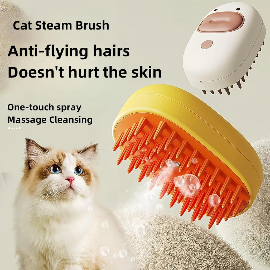 White rechargeable pet steam brush with water tank for grooming dogs and cats.
