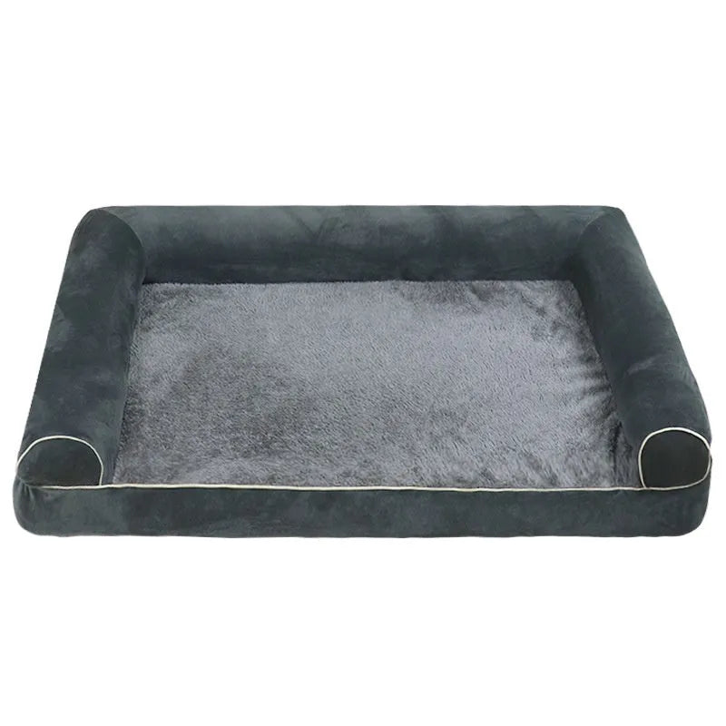 Square dog bed with sponge filling shown in blue colour with dog resting