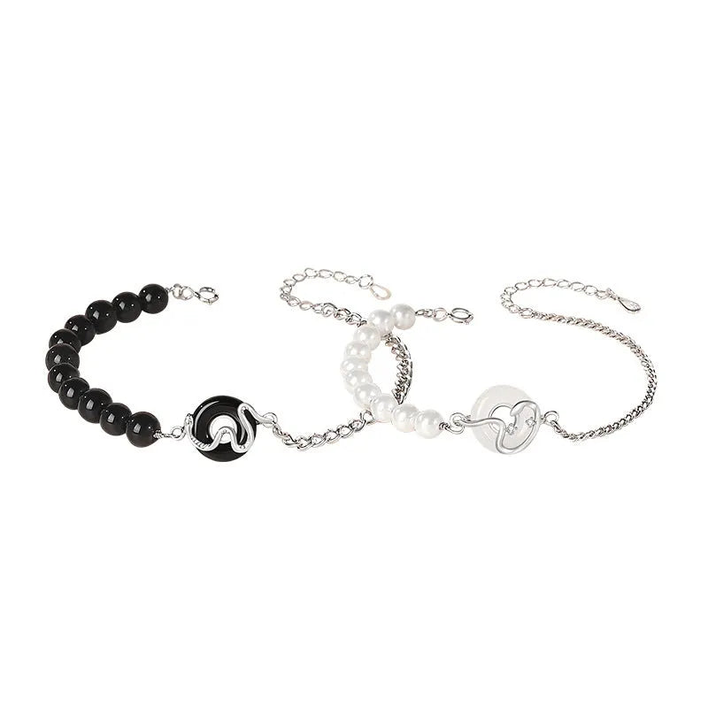 New Chinese style 925 sterling silver bracelet with snake design, obsidian pearl, and safety buckle clasp.