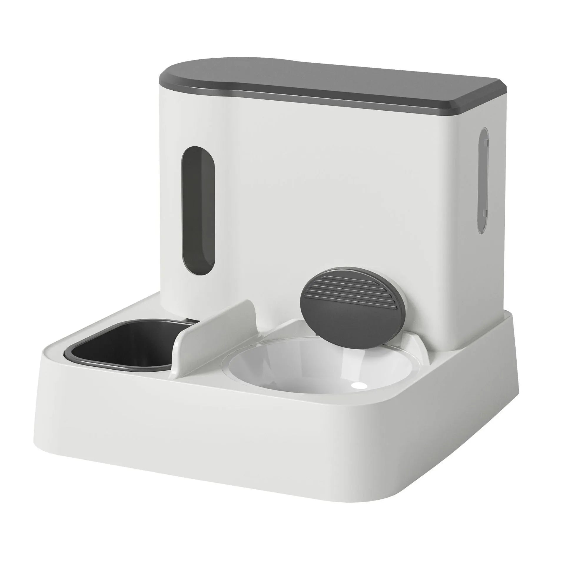 Cat automatic feeder water dispenser with integrated double bowl system in grey, yellow or green