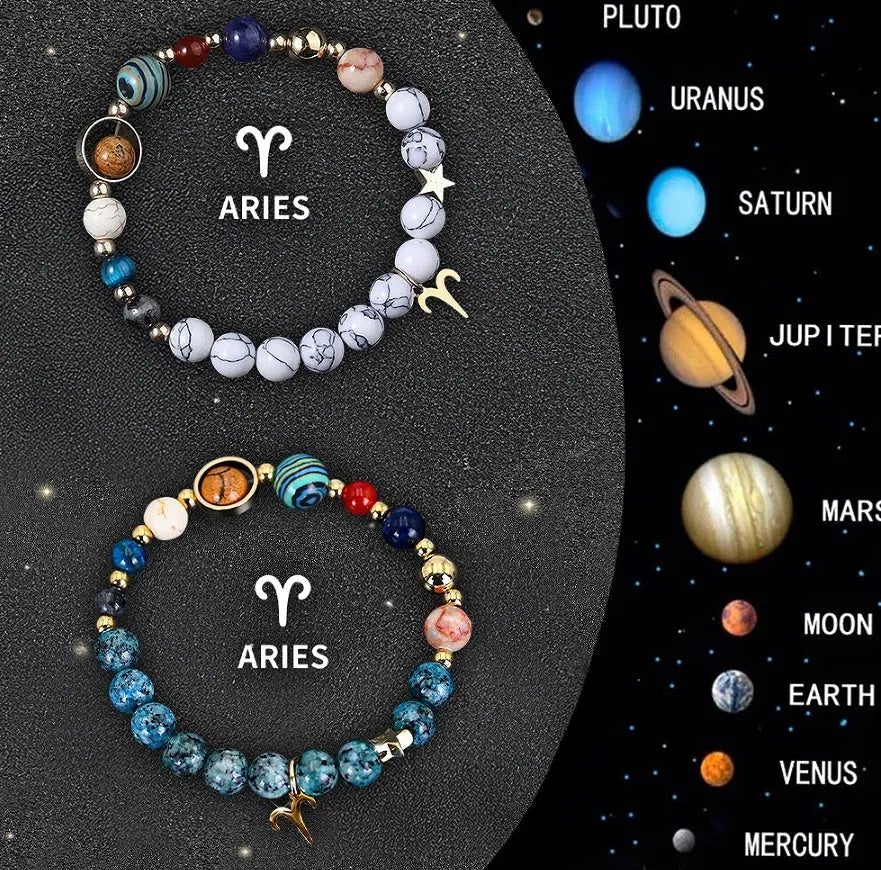 Natural stone zodiac bracelet set showing two beaded bracelets with adjustable closures