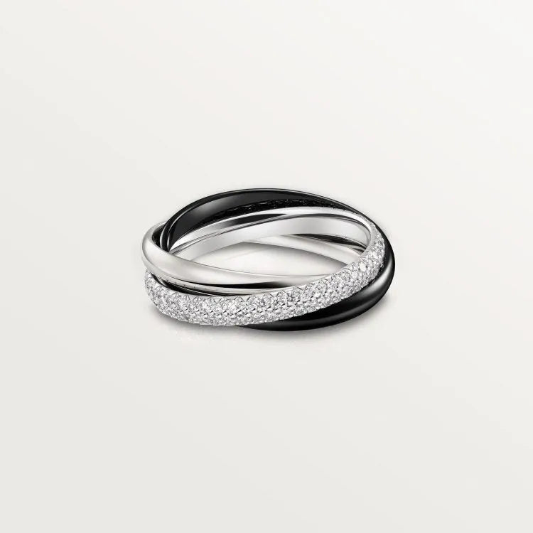 Set of three geometric silver men's rings with full diamond detailing on a U-shaped band.
