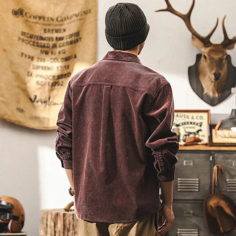Men's retro corduroy shirt jacket in black or red with loose fit and long sleeves
