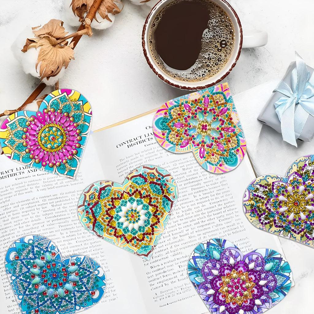 Six handmade PU leather bookmarks with stick-on crystal and flower decorations in a modern style.